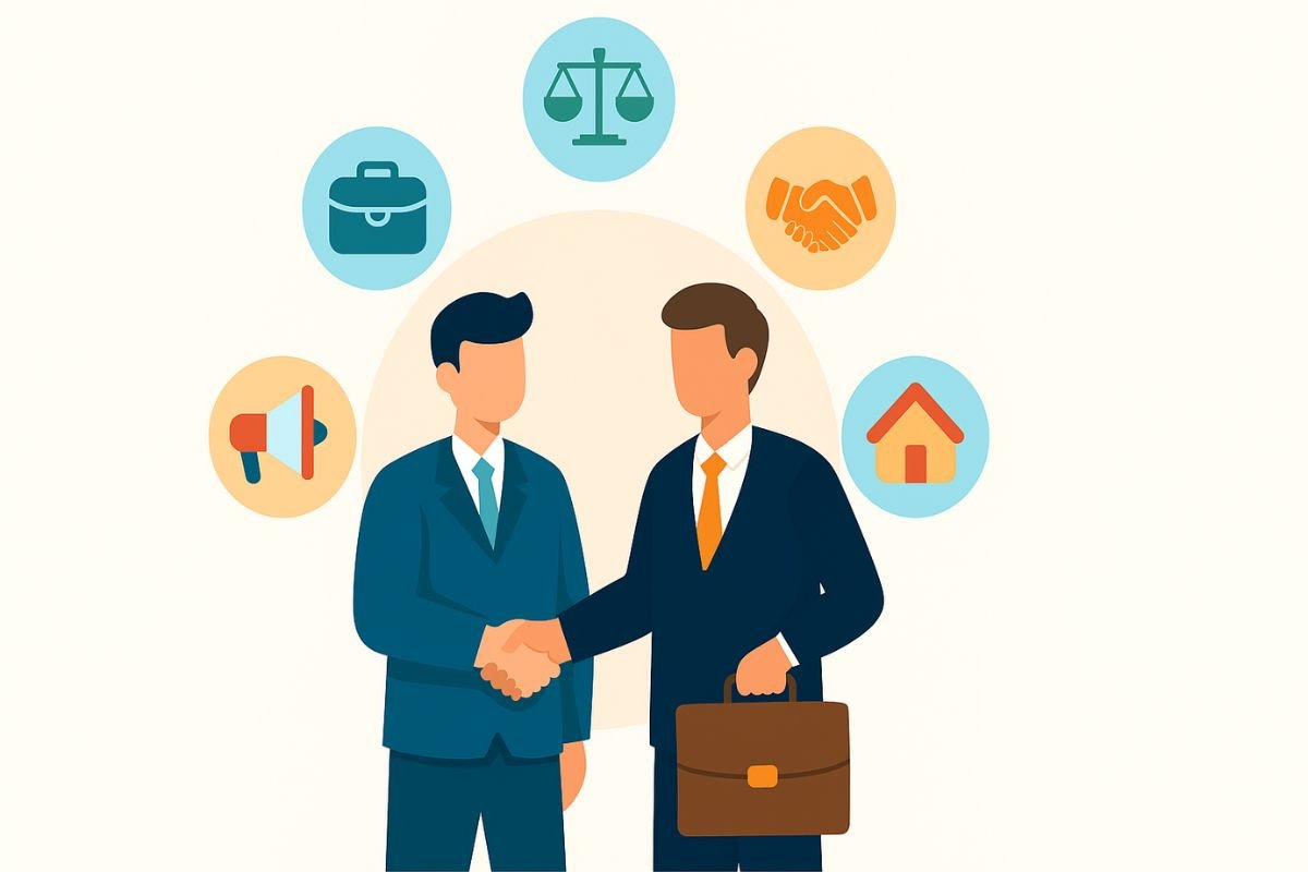 Cảnh hai nhân viên bắt tay nhau để cùng kết nối hệ thống dịch vụ của các trang web về nhà đất: minh họa cho dịch vụ nhà đất chính chủ.