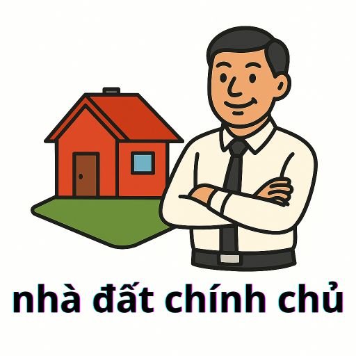 Biểu tượng của Nhà đất chính chủ với chủ nhà bên cạnh căn nhà đỏ trên nền đất xanh